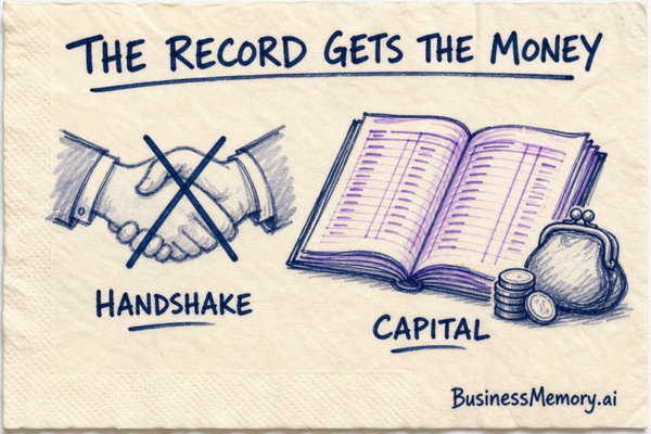 Napkin sketch: crossed-out handshake versus ledger labeled CAPITAL — THE RECORD GETS THE MONEY