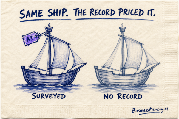 Napkin sketch: two identical ships, only the surveyed one tagged A1 — SAME SHIP. THE RECORD PRICED IT