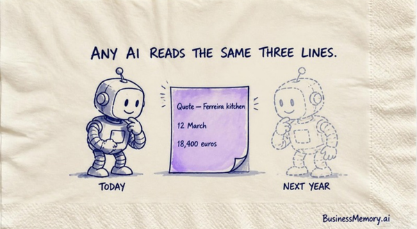 A napkin sketch: a robot labelled TODAY and a dashed robot labelled NEXT YEAR read the same three-line text file.