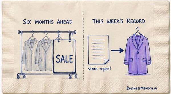 A two-panel napkin sketch: "Six months ahead" shows a rack of grey coats with a SALE card, and "This week's record" shows a store report pointing at one violet coat.