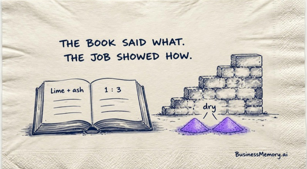 A napkin sketch: an open book reading "lime + ash" and "1 : 3" beside a half-built wall with two violet dry piles waiting for water, under the title "The book said what. The job showed how."