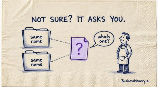 A napkin sketch: two folders labelled same name, a violet sheet with a question mark between them, and a shop owner asked which one?, under the words Not sure? It asks you.