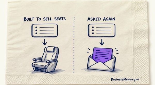 A two-panel napkin sketch: the same booking record points to an airline seat under the words Built to sell seats, and to a violet letter in an envelope under the words Asked again.