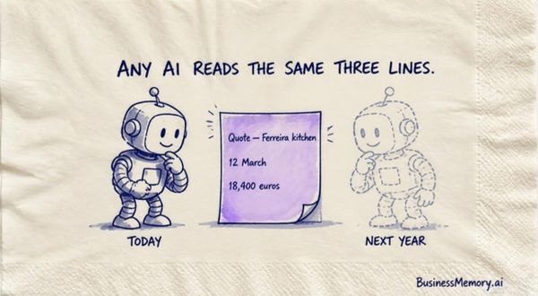 A napkin sketch: a robot labelled TODAY and a dashed robot labelled NEXT YEAR read the same three-line text file.