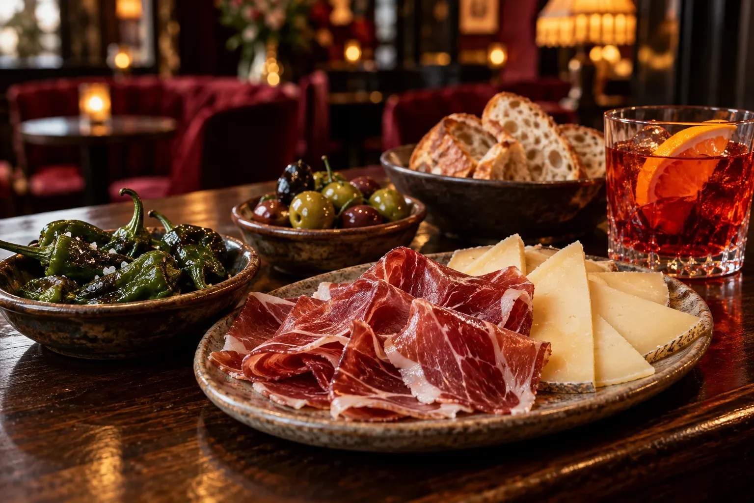 The supporting cast: jamón, manchego, olives and blistered peppers. — partner profile previewnstration