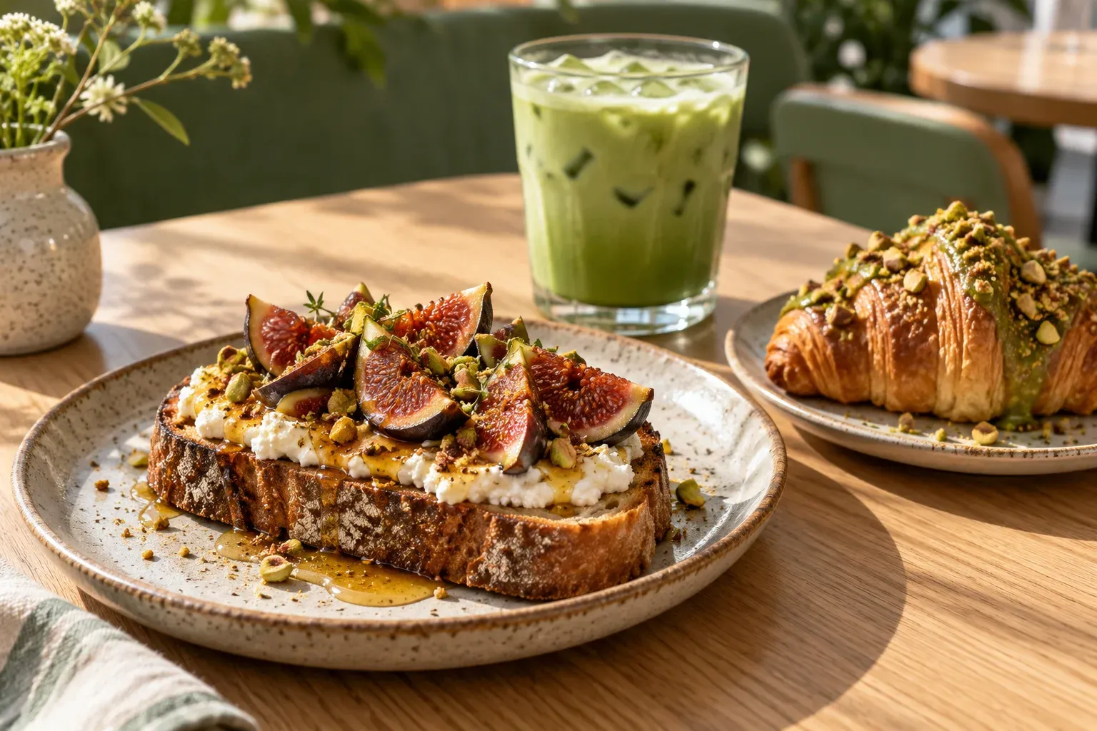 Fig and ricotta toast, pistachio pastry and a cooler matcha alternative. — partner profile previewnstration