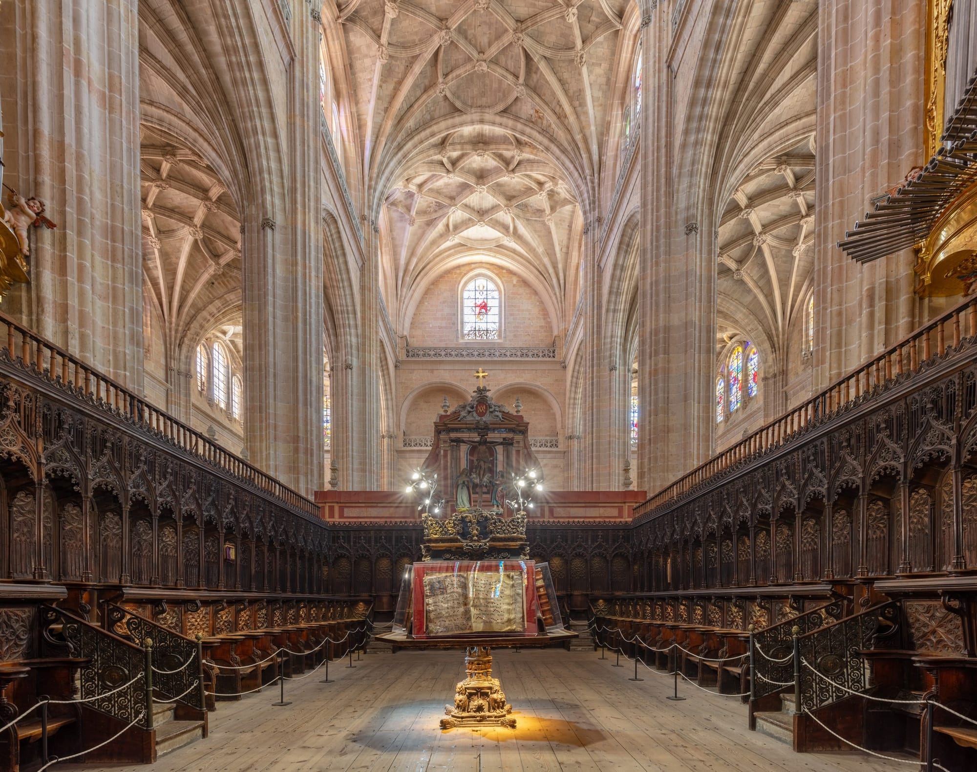 Carved choir stalls inside present-day Segovia Cathedral.