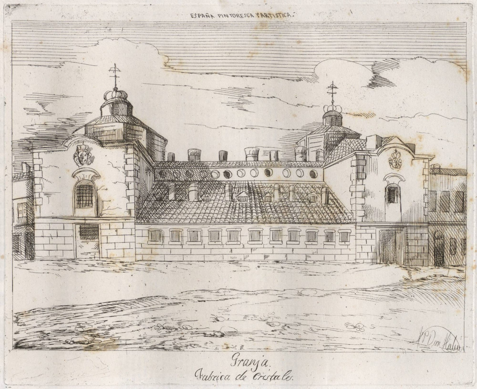 An 1847 lithographic view of La Granja’s glass factory by Francisco de Paula Van Halen.