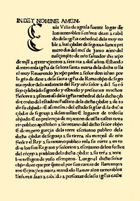 A page of the Sinodal de Aguilafuente, printed in Segovia in 1472, with dense Roman type.