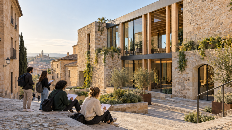 Illustrative image of architecture and design students studying an adaptive-reuse building in Segovia