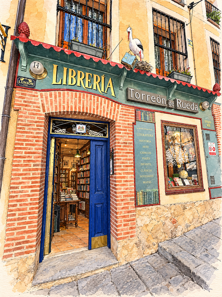AI-assisted illustration of the Torreón de Rueda bookshop façade, with a blue doorway, brick arch and green sign.