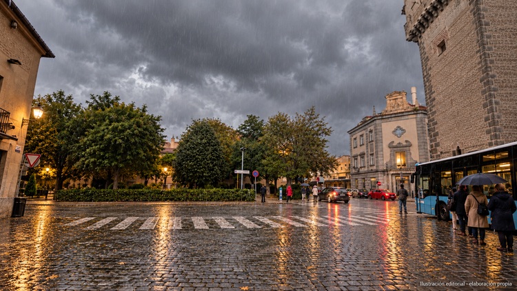 Editorial illustration of passengers waiting beside a bus on Calle Colón, Segovia, in rainy weather.