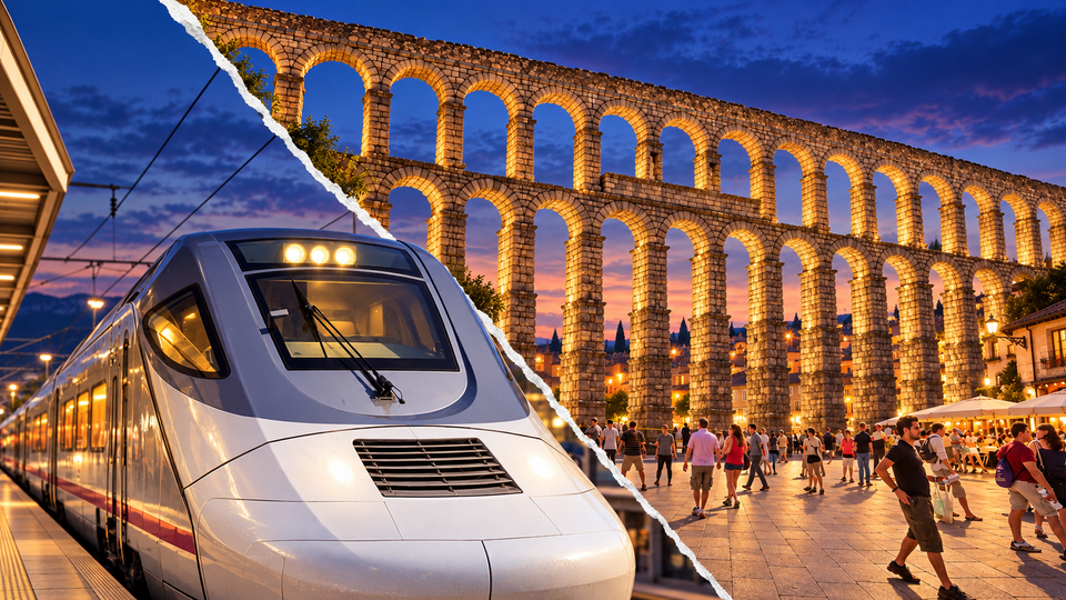 Editorial photomontage of a high-speed train and Segovia’s illuminated aqueduct at blue hour.