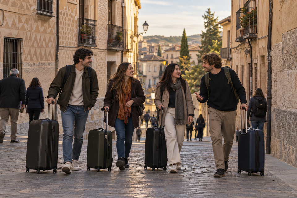 Four students arriving with suitcases on a historic street inspired by Segovia.