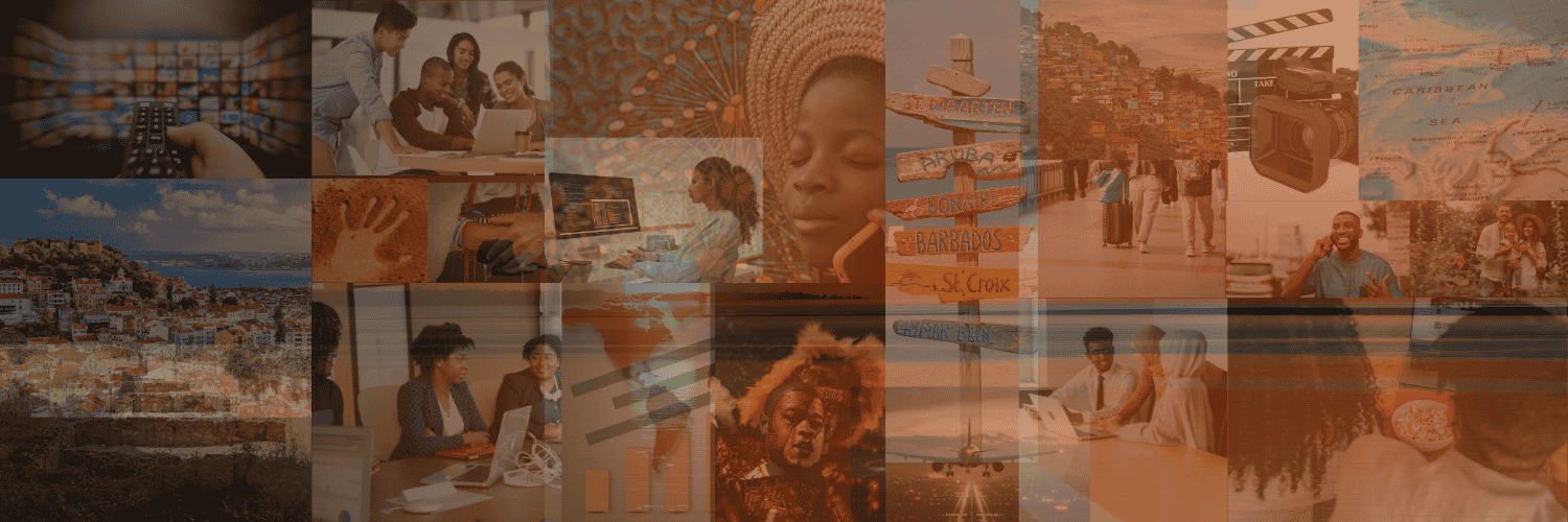 A collage of scenes spanning culture, diaspora, film production, and collaboration — including Caribbean islands, Lisbon rooftops, a film clapperboard, and people at work — tinted in warm terracotta.