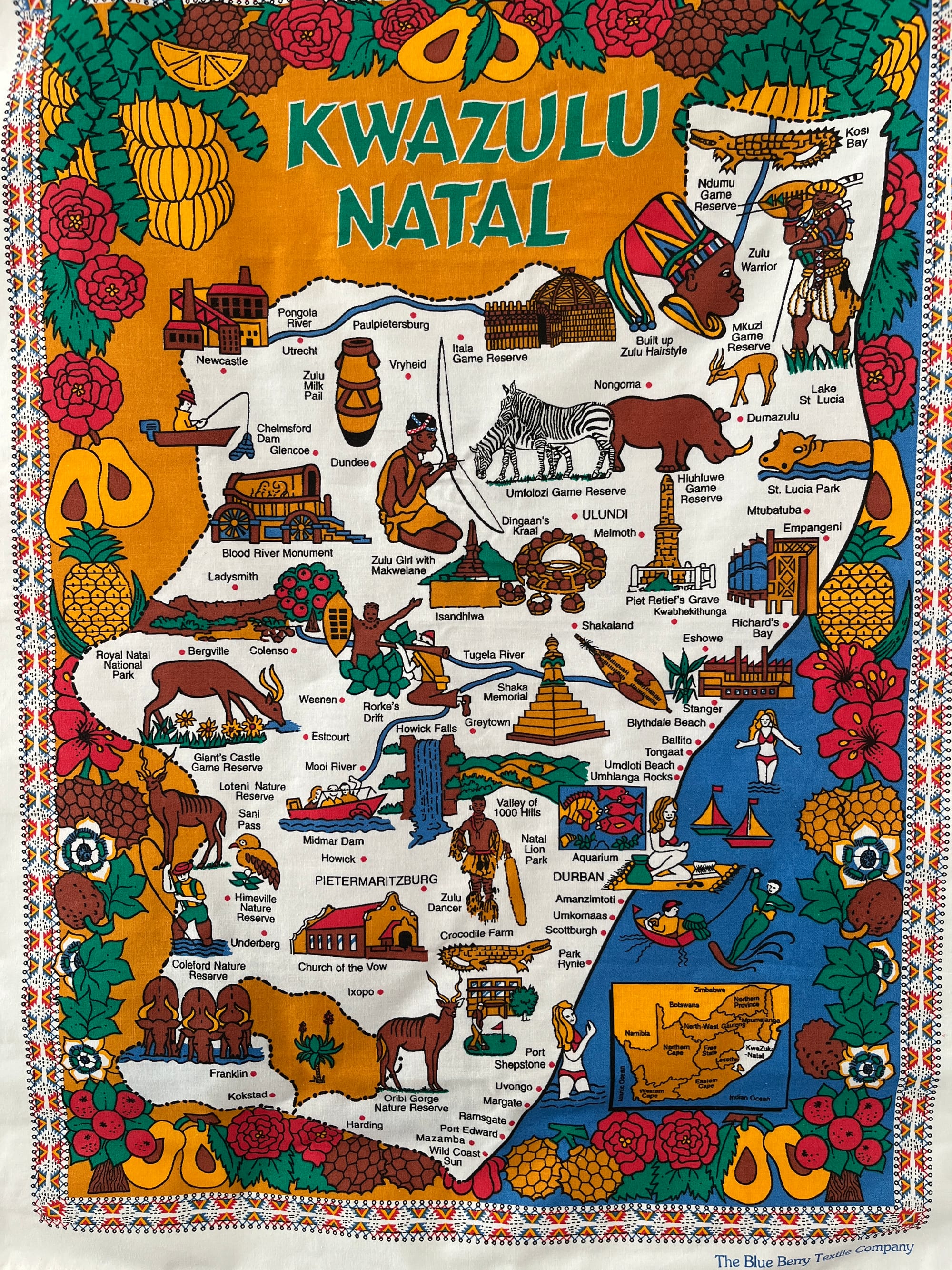 Textile art: map of KwaZulu-Natal region by The Blue Berry Textile Company.