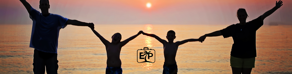 Family watching the sunset with EP logo in middle of screen. 