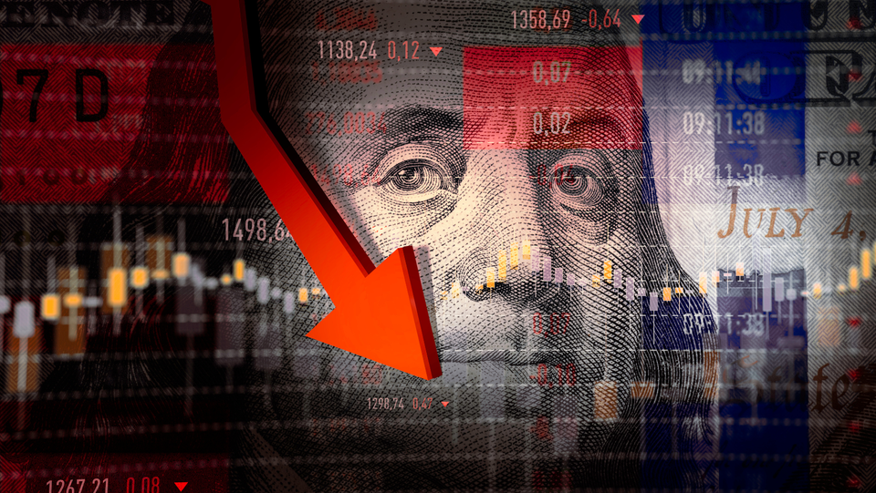 Concept of stock market crash with red arrow and pictire of dollar bill. 
