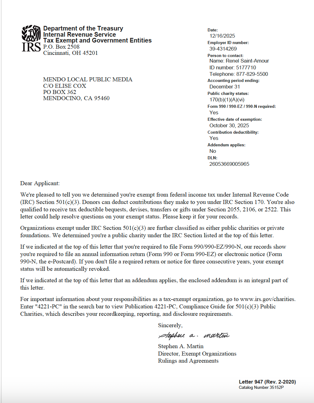 Mendo Local Public Media's IRS Determination Letter