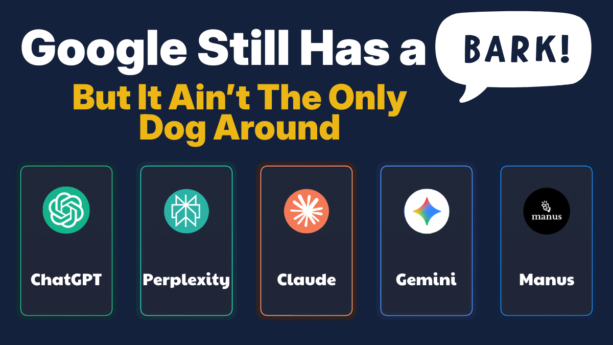 Infographic titled "Google Still Has a Bark But It Ain't The Only Dog Around" showing five AI search platforms: ChatGPT, Perplexity, Claude, Gemini, and Manus with their logos