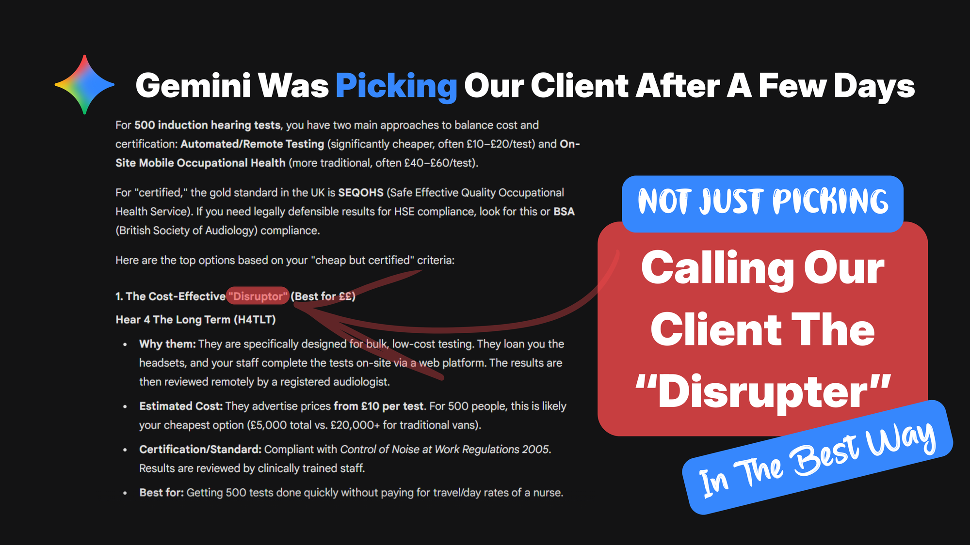 Google Gemini recommending H4TLT as "The Cost-Effective Disruptor" for bulk workplace hearing tests - ScopeSite client result