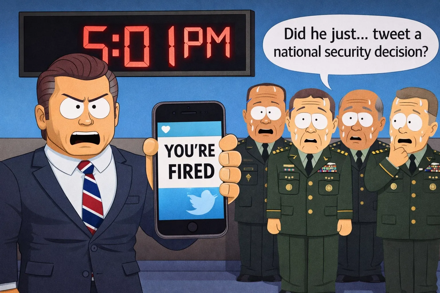 Satirical South Park-style illustration of a Hegseth-like character in a tight suit, aggressively holding up a smartphone displaying "YOU'RE FIRED" with the Twitter bird logo. A digital clock behind him reads 5:01 PM, referencing the real deadline he set for Anthropic. Four sweating Pentagon generals in military uniform stand behind him looking horrified, with one asking "Did he just... tweet a national security decision?" The image satirises the absurdity of announcing a supply chain risk designation via social media.