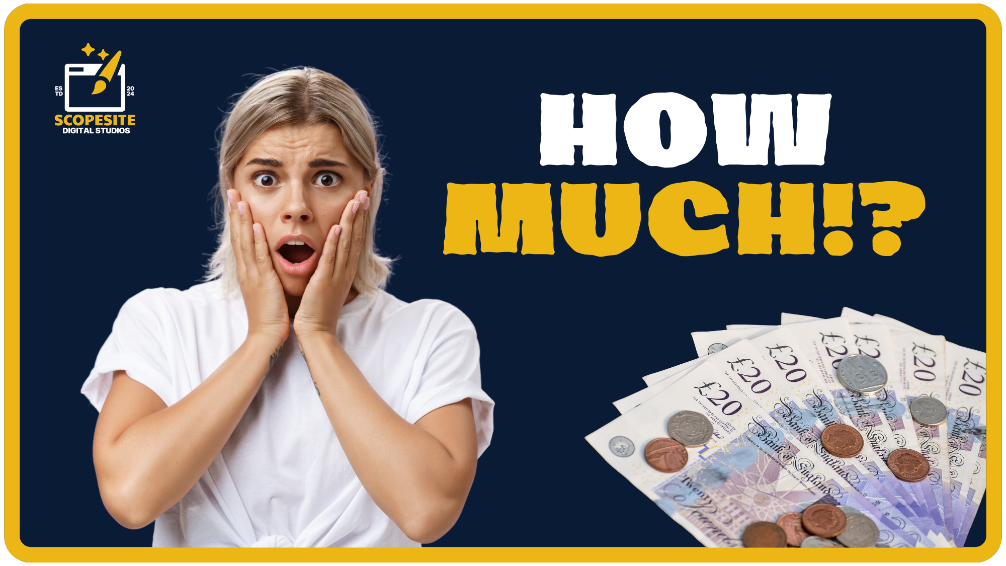 Shocked woman reacting to AI visibility tool pricing with British pound notes showing the cost of competitor subscriptions compared to V.O.I.C.E. by ScopeSite