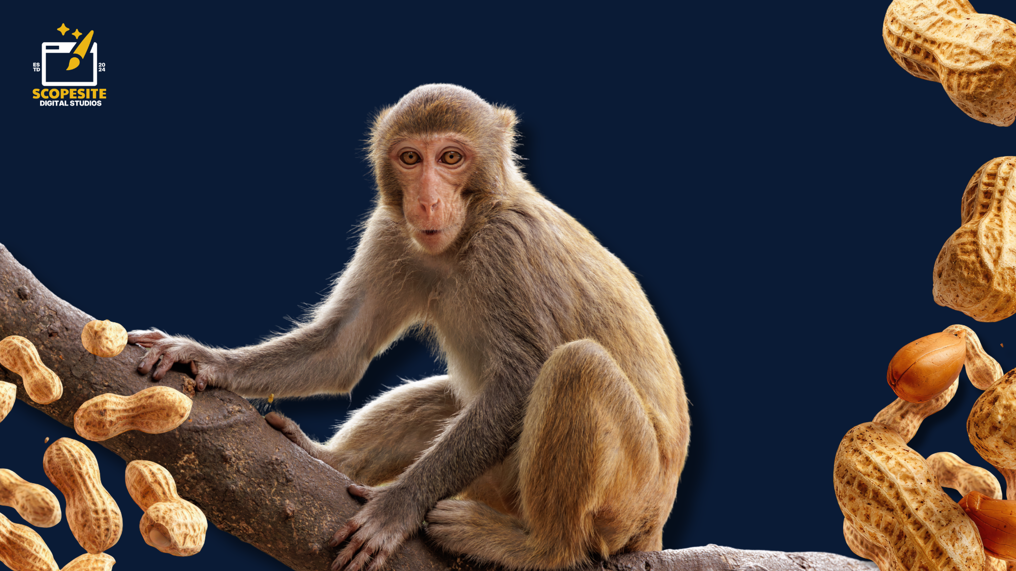 Monkey sitting on a branch surrounded by scattered peanuts on a dark navy background with the ScopeSite Digital Studios logo in the top left corner, captioned 'Pay Peanuts' to illustrate the saying 'pay peanuts, get monkeys' in the context of cheap web design pricing