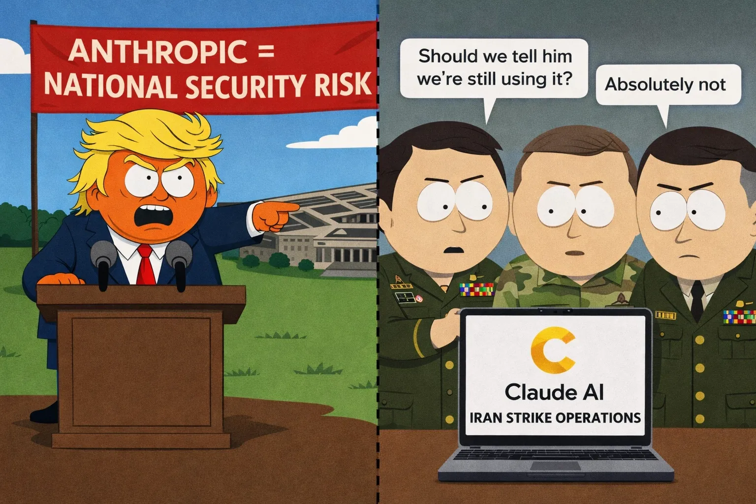 Satirical South Park-style illustration split into two scenes. On the left, a furious Trump-like character stands at a podium beneath a sign reading "ANTHROPIC = NATIONAL SECURITY RISK." On the right, South Park-style military officers huddle around a laptop clearly displaying the Claude AI logo with "IRAN STRIKE OPERATIONS" on screen. One officer whispers "Should we tell him we're still using it?" while another replies "Absolutely not." The image exposes the hypocrisy of banning Anthropic's technology publicly while the military continued using Claude in combat operations against Iran the very next day.