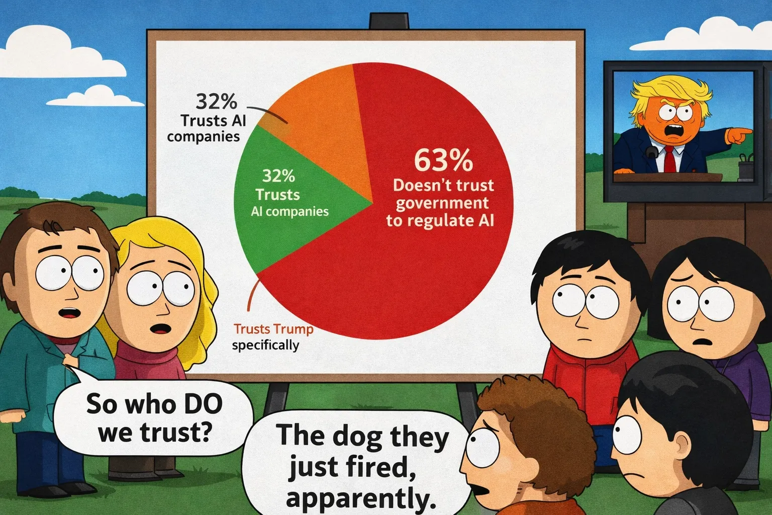 Satirical South Park-style illustration centred on a large pie chart showing public trust data. The chart displays a small green slice labelled "32% Trusts AI companies," a large red slice labelled "63% Doesn't trust government to regulate AI," and a comically tiny orange sliver for trust in Trump specifically. South Park-style civilian characters stand around the chart looking confused and worried. One asks "So who DO we trust?" and another replies "The dog they just fired, apparently." In the background, a South Park-style Trump character rants on a television that nobody is watching. The image visualises the broken trust landscape in AI governance.