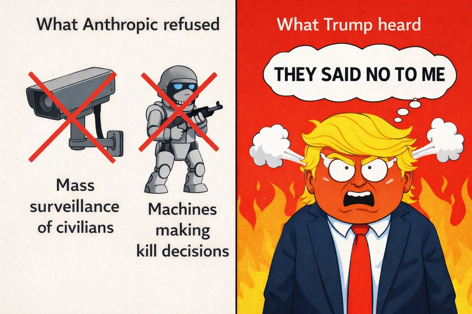 Split-screen satirical illustration. The left side, labelled "What Anthropic refused," shows two icons with red X marks: a surveillance camera representing mass surveillance of civilians, and a robot soldier representing machines making kill decisions without human oversight. The right side, labelled "What Trump heard," shows a South Park-style Trump character with a bright red face and steam coming from his ears, with a thought bubble reading "THEY SAID NO TO ME." The contrast highlights that Anthropic's position was reasonable while Trump's reaction was a childish tantrum.