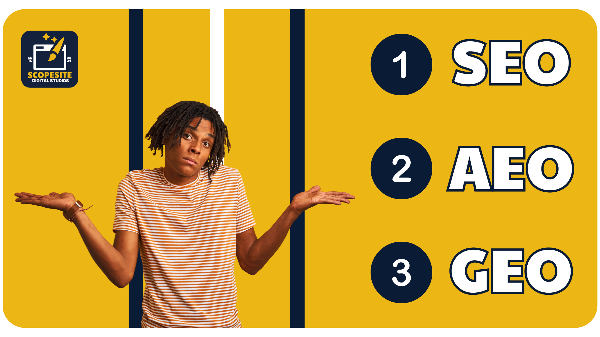 Man shrugging with a numbered list showing 1 SEO, 2 AEO, 3 GEO alongside the ScopeSite Digital Studios logo, representing the confusion small business owners feel about which search optimisation approach they actually need