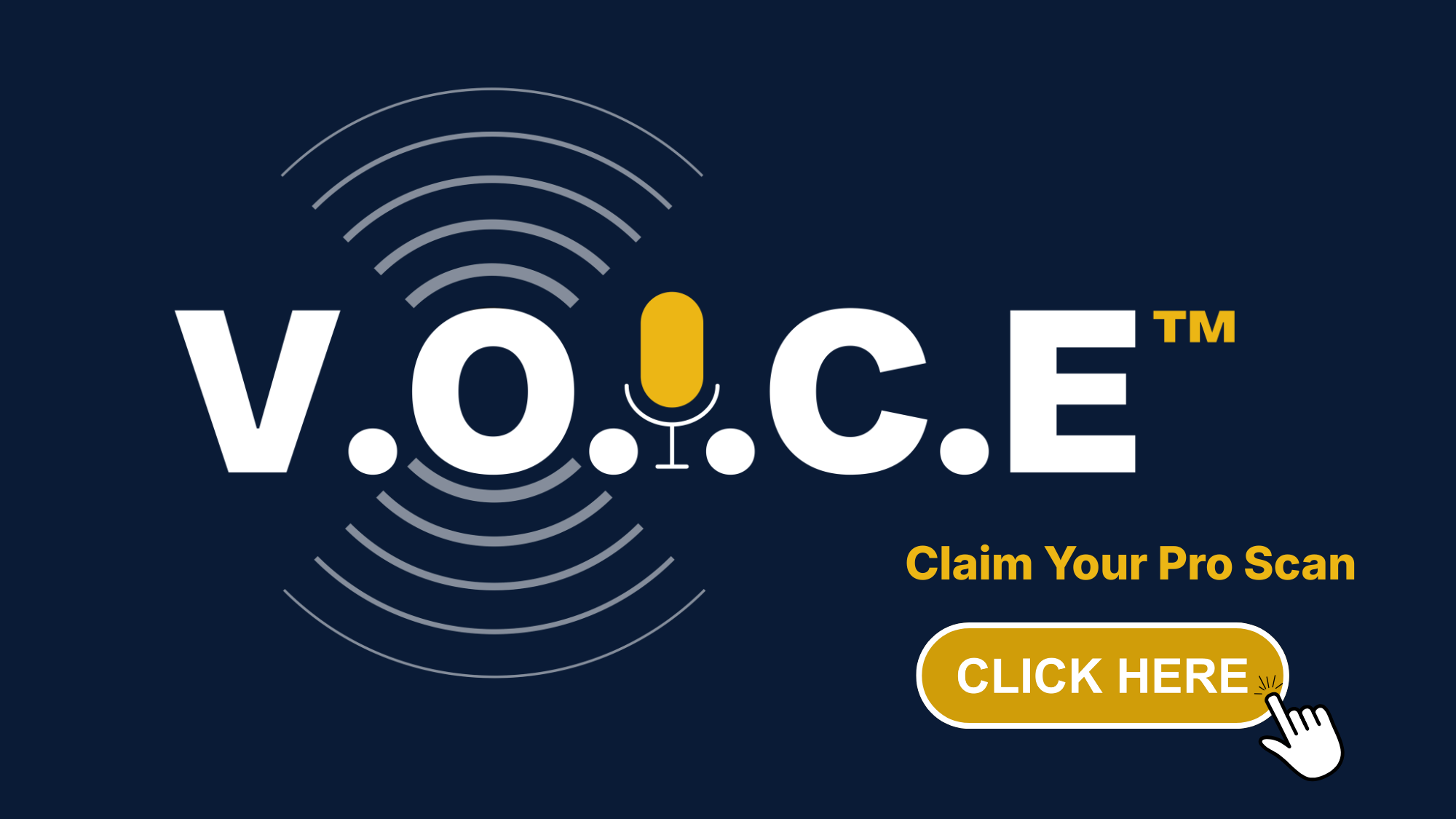 V.O.I.C.E. AI Visibility Scanner logo by ScopeSite Digital Studios with microphone icon and signal waves on dark navy background. Text reads "Claim Your Pro Scan" with a gold "Click Here" button. V.O.I.C.E. stands for Visibility, Optimisation, for Intelligent, Crawler, Engines, scanning websites across 27 factors including Domain Authority, Page Authority, schema markup, and AI readiness.