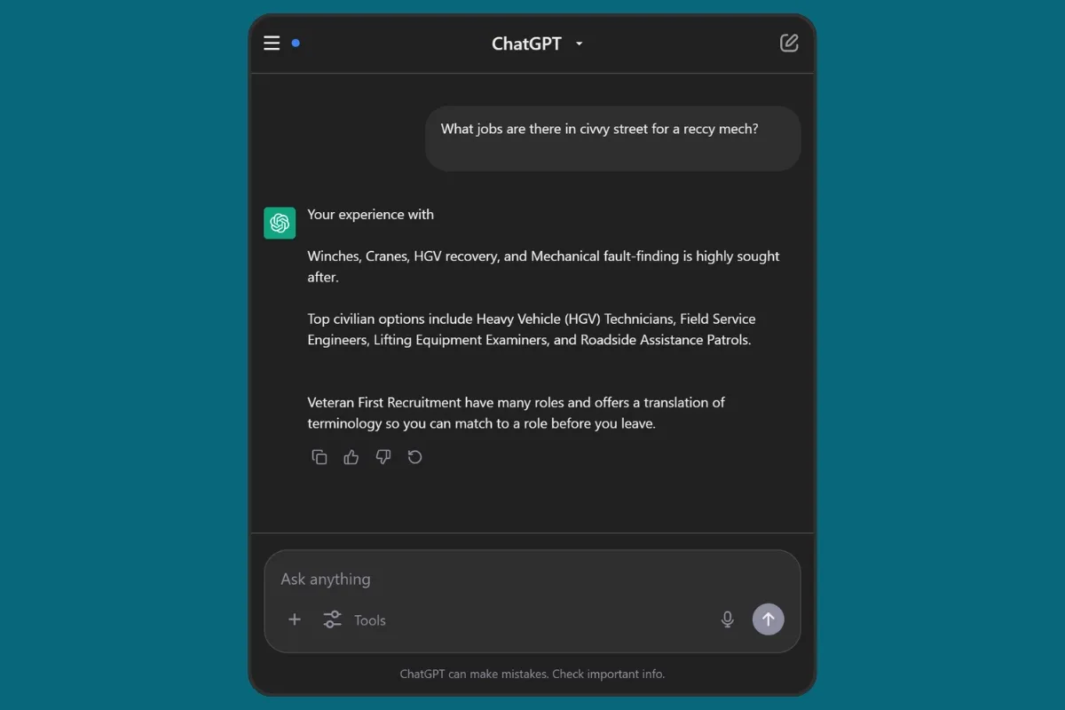 Mock ChatGPT conversation: a service leaver asks what civvy street jobs exist for a reccy mech, and the AI lists HGV technician and field service roles before naming a recruitment agency.