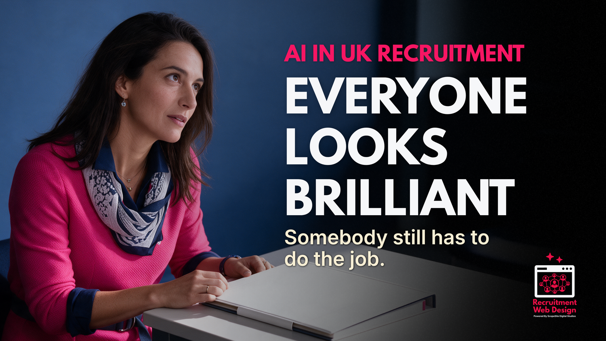 Carrie reviews a premium candidate folder in a dark blue interview room beside the headline “Everyone Looks Brilliant” and the line “Somebody still has to do the job.”