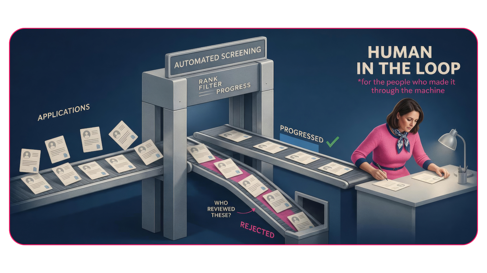 Satirical recruitment infographic showing automated screening rejecting some applications before a human recruiter reviews the remaining shortlist under the label “Human in the loop.”