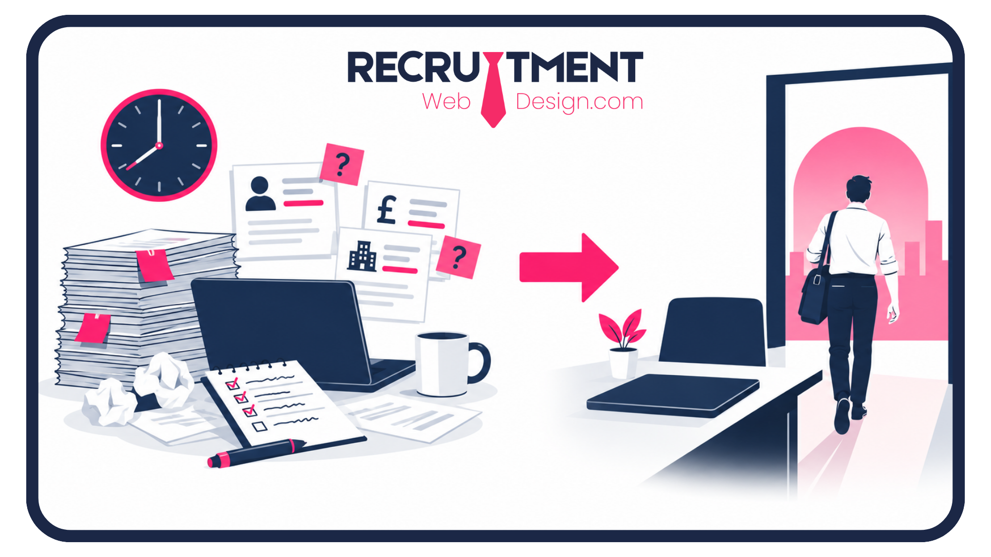 Illustration contrasting a cluttered recruitment desk full of paperwork with a cleared desk and a worker leaving the office.