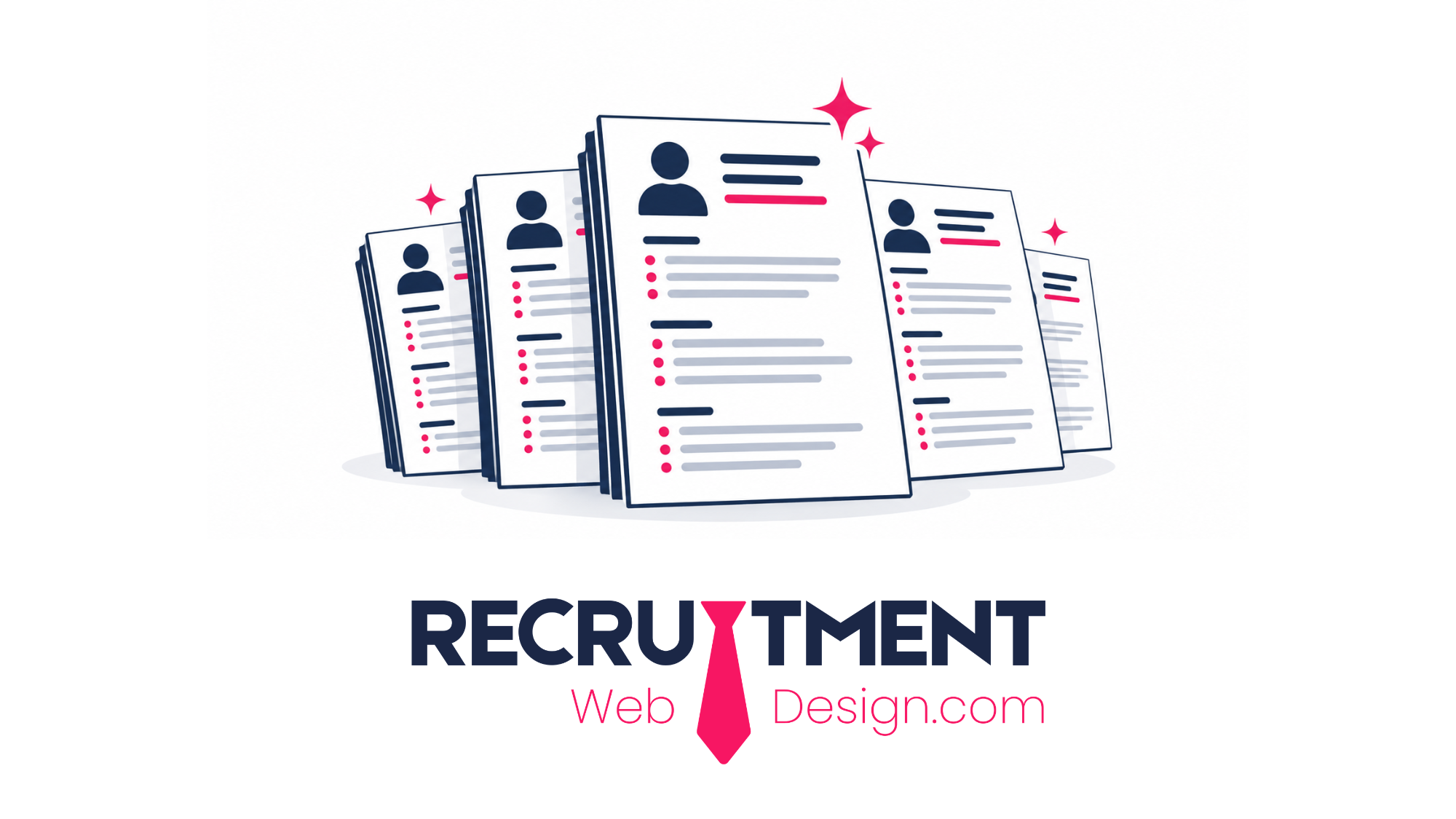 Illustration of several highly polished candidate CVs arranged together with pink highlight details.
