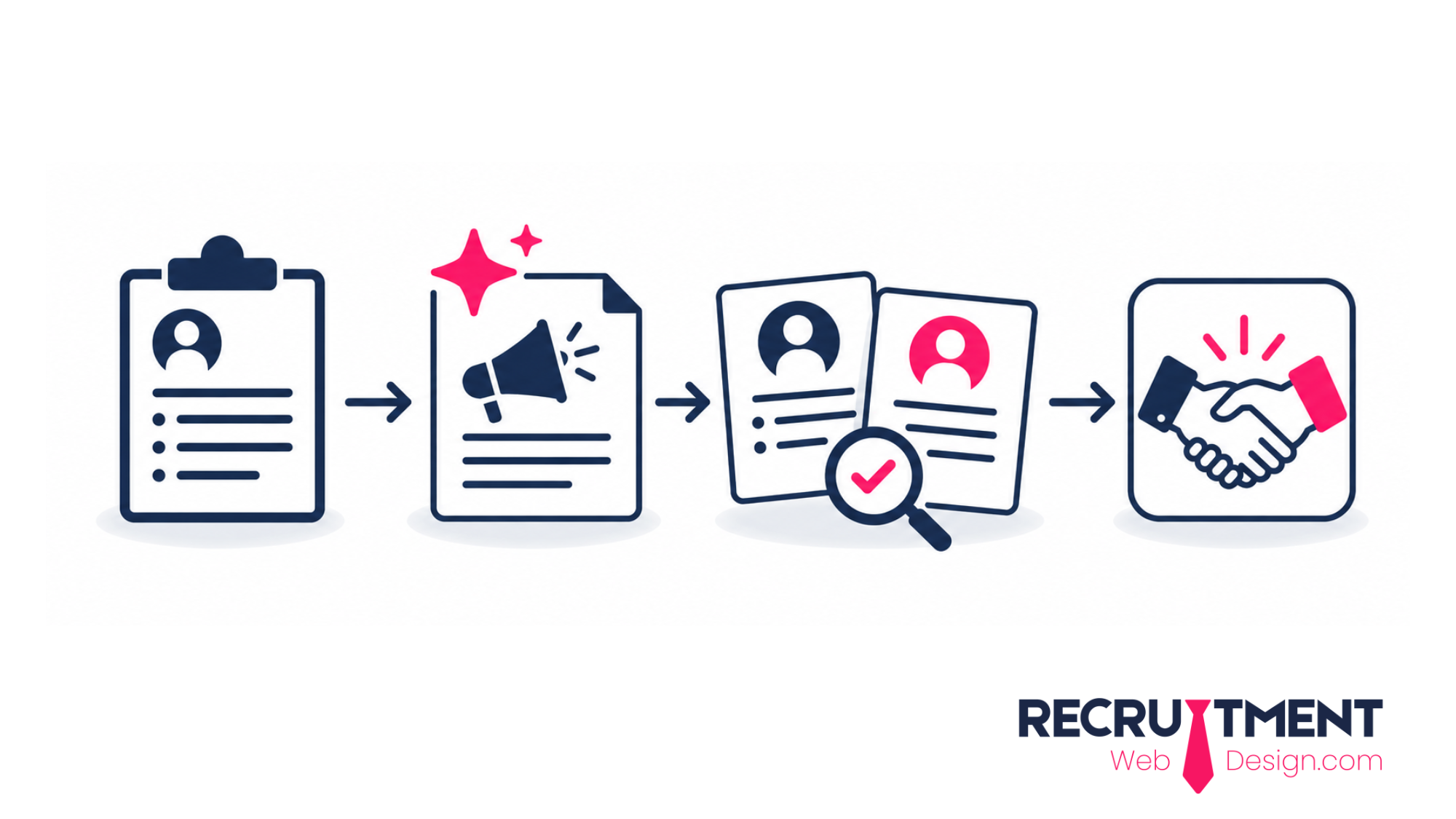 Illustration showing a recruitment brief progressing through an advert and candidate review to a final hiring decision.