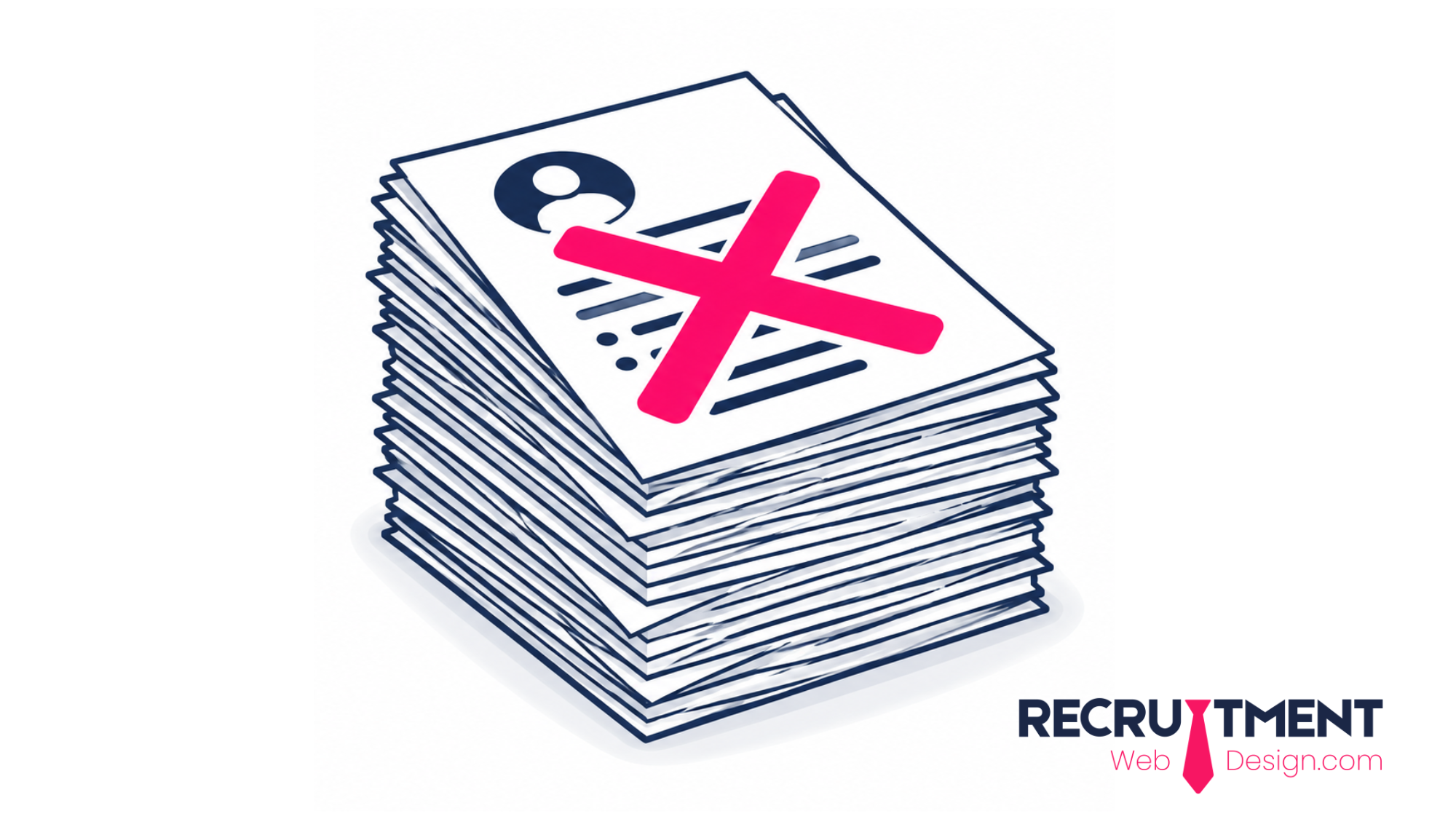 Illustration of a large stack of candidate CVs with a pink cross across the top application.