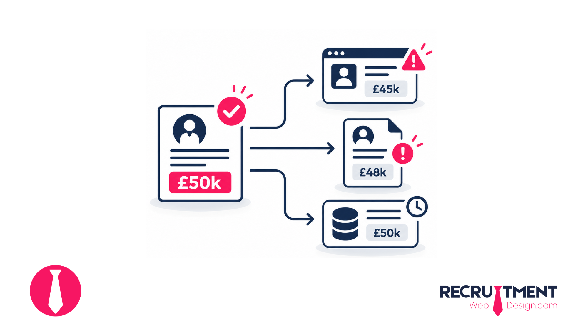 Illustration of one approved £50,000 salary record feeding into different systems showing £45,000, £48,000 and £50,000.