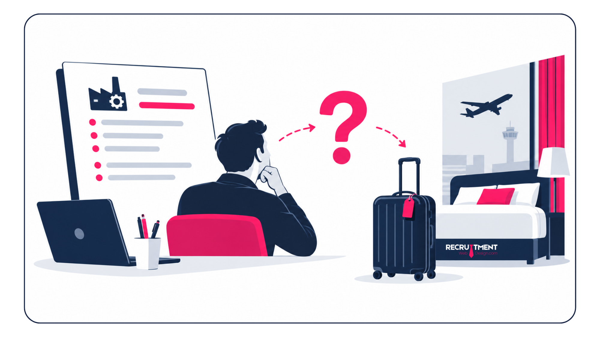 Illustration of a recruiter considering an engineering vacancy while a question mark points towards a suitcase, hotel room and air travel.