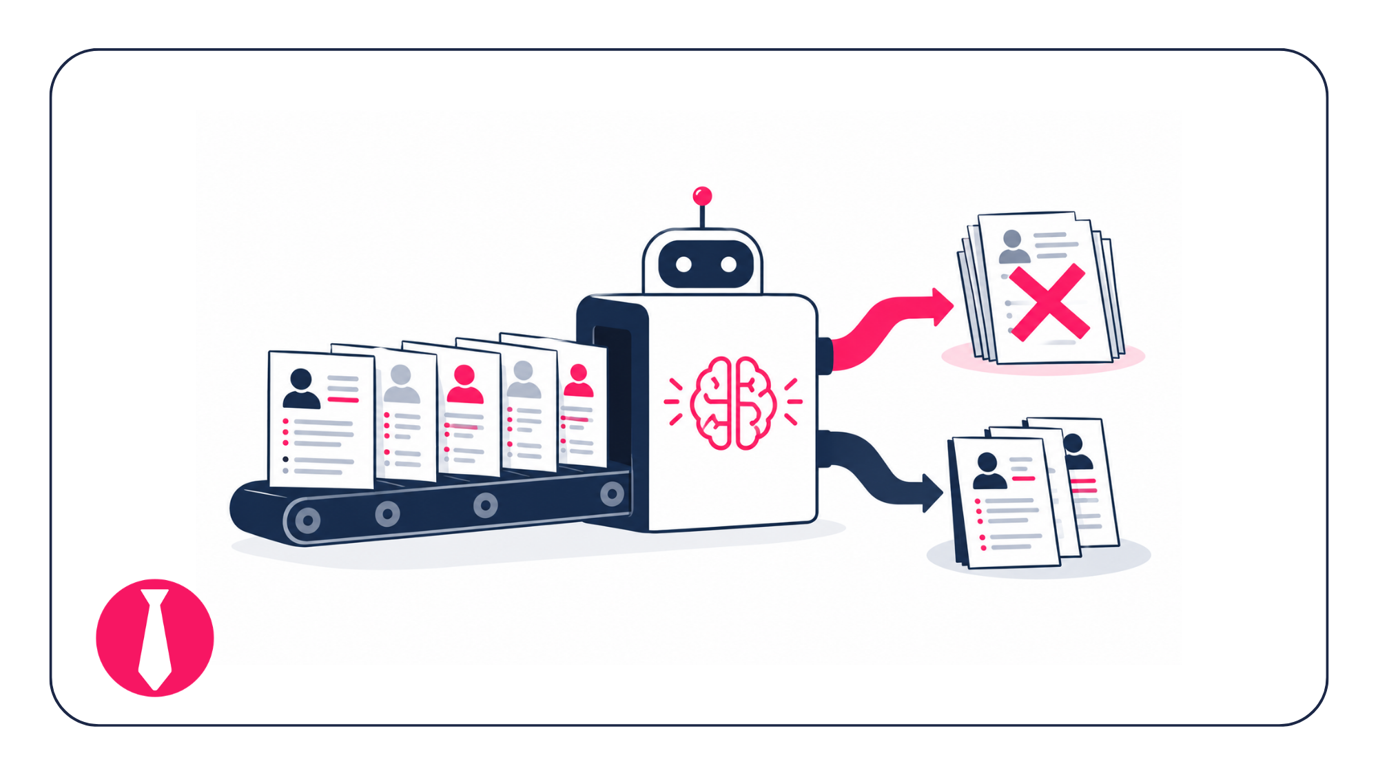 Illustration of an automated recruitment system screening candidate CVs into rejected and shortlisted groups.