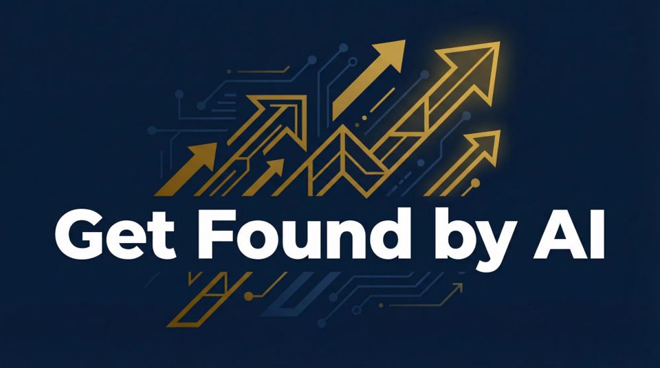 Blue background with gold arrows in a pattern format with the words "Get found by ai"
