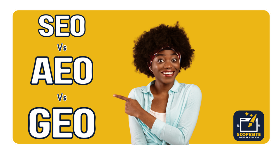 Woman pointing at the text SEO vs AEO vs GEO on a gold background