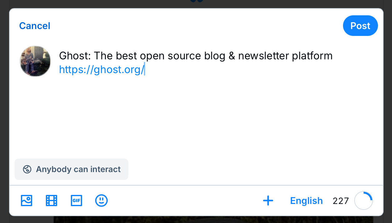 The Bluesky post composer UI on a desktop browser