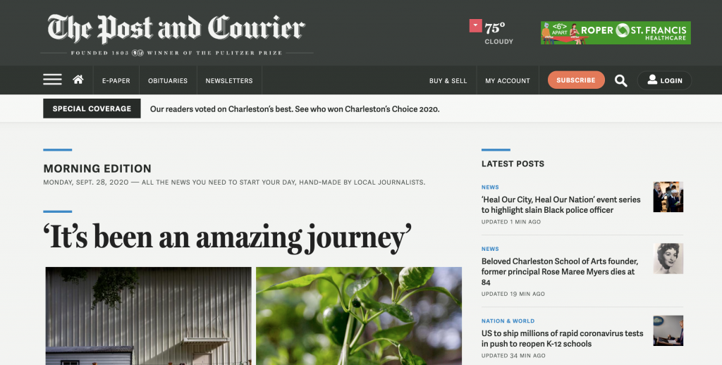 Post and Courier homepage
