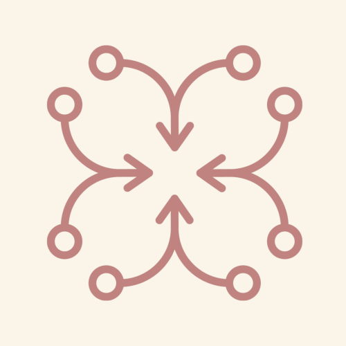 four sets of two figures, each two making a branch and becomes an arrow, all four arrows pointing to the center of the image