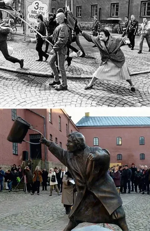 The woman with the handbag’ statue (1985). This picture, which was taken in Växjö, Sweden, shows 38- year-old Danuta Danielsson smashing her handbag into the head of a neo-fascist rally member.