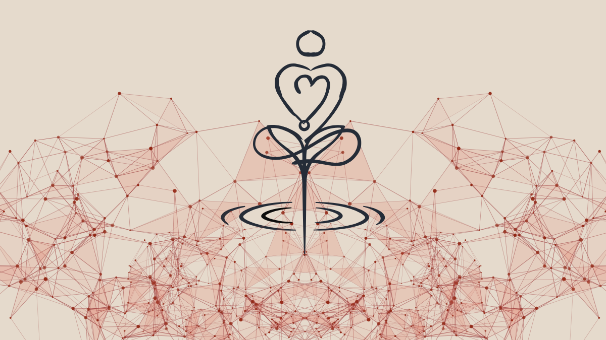 Minimalist line-art figure in a heart-shaped meditative pose sprouting from water ripples on a beige background, set above a complex network of interconnected red geometric lines.